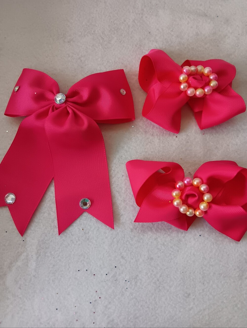 Hand Crafted Hot Pink Pearl & Gem Hair Bow Trio for Kids